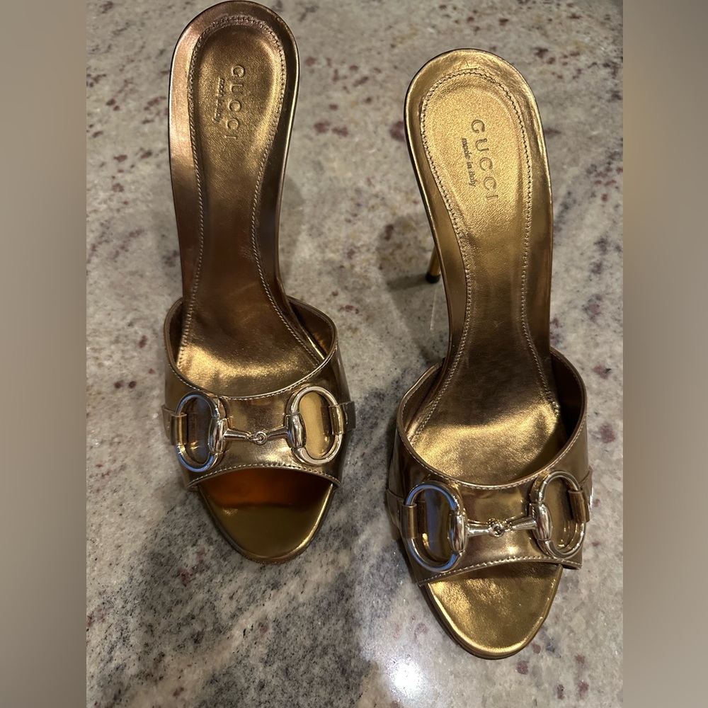 NEW; Authentic Vintage Gucci Metallic Gold Horsebit Open Toe Heels; size 37 (7)